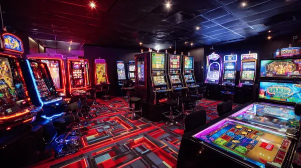 A woman smiling while playing online games on her laptop, surrounded by neon casino elements, showcasing 77ABC’s diverse game collection.