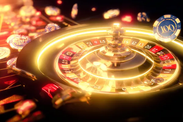 A glowing roulette wheel with cascading chips, symbolizing the engaging live and instant-win games available on 77ABC.